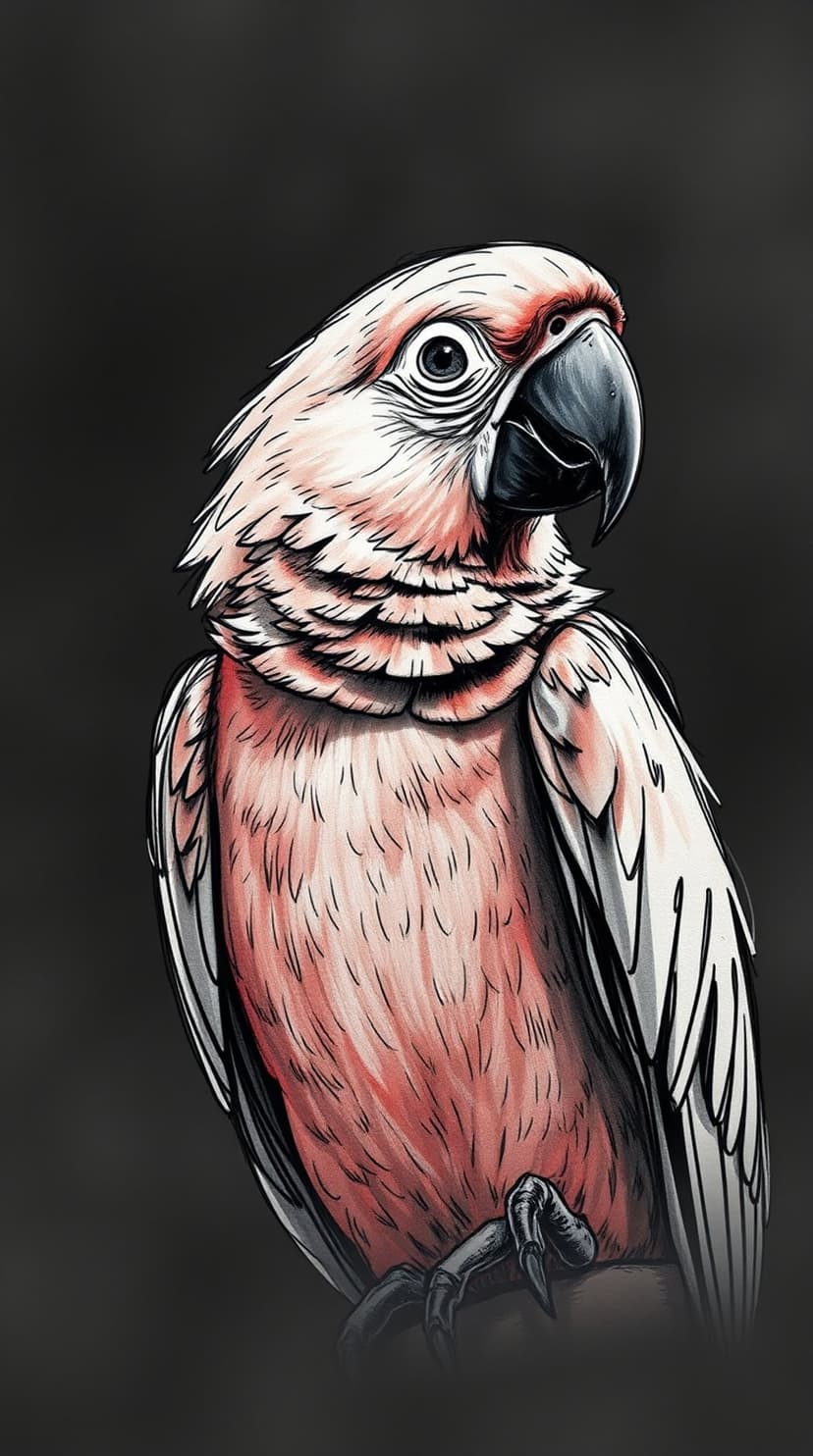 Pink and white cockatoo with a curved beak and expressive eye resting against a dark, textured noir surface.