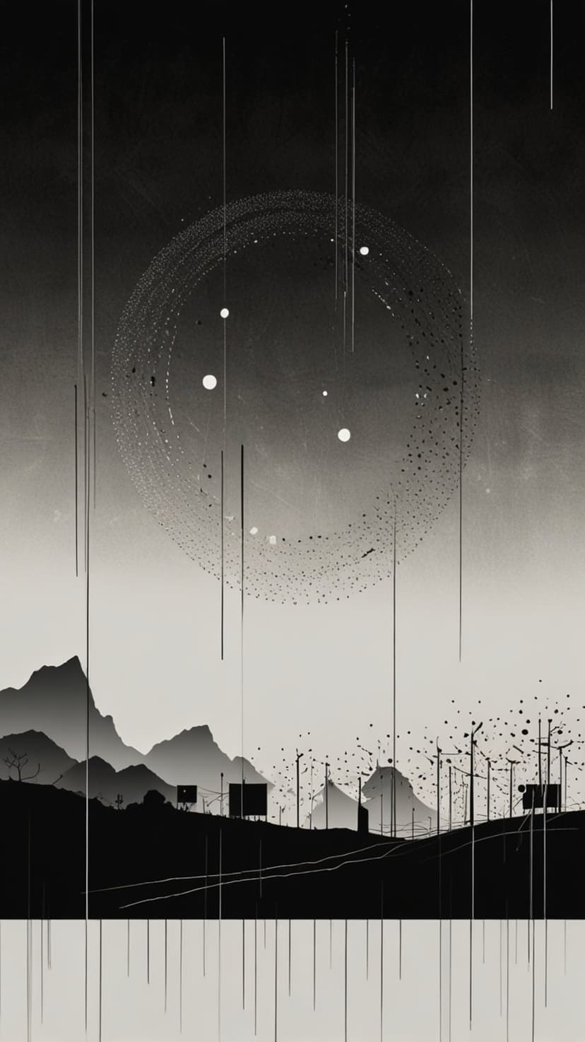 Silhouetted mountain peaks rest under a large stippled circle with thin vertical lines reflecting in water.