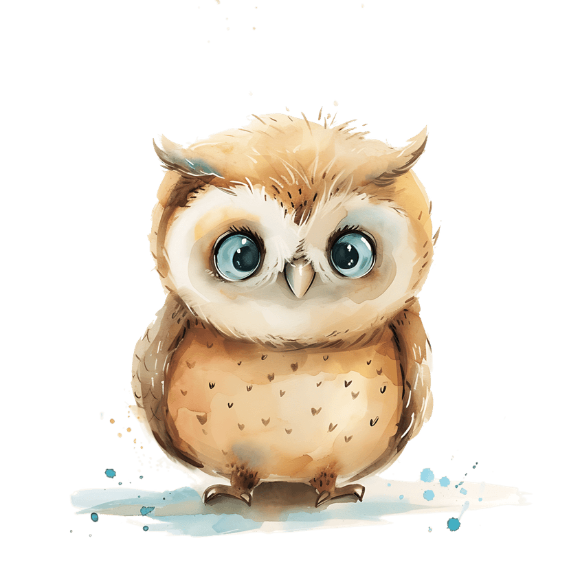 Baby owl watercolor illustration showing large blue eyes and brown feathers with paint splashes on dark background.