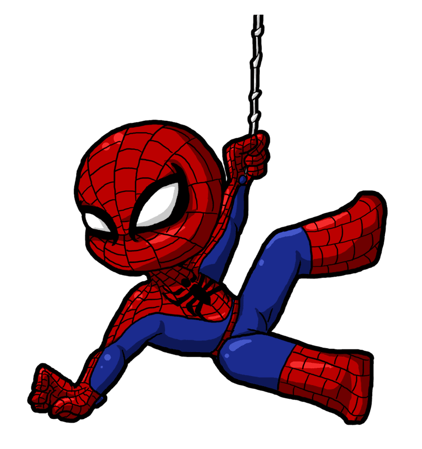 Spider Man caricature drawing with a large head and small body featuring vibrant red and blue suit details.