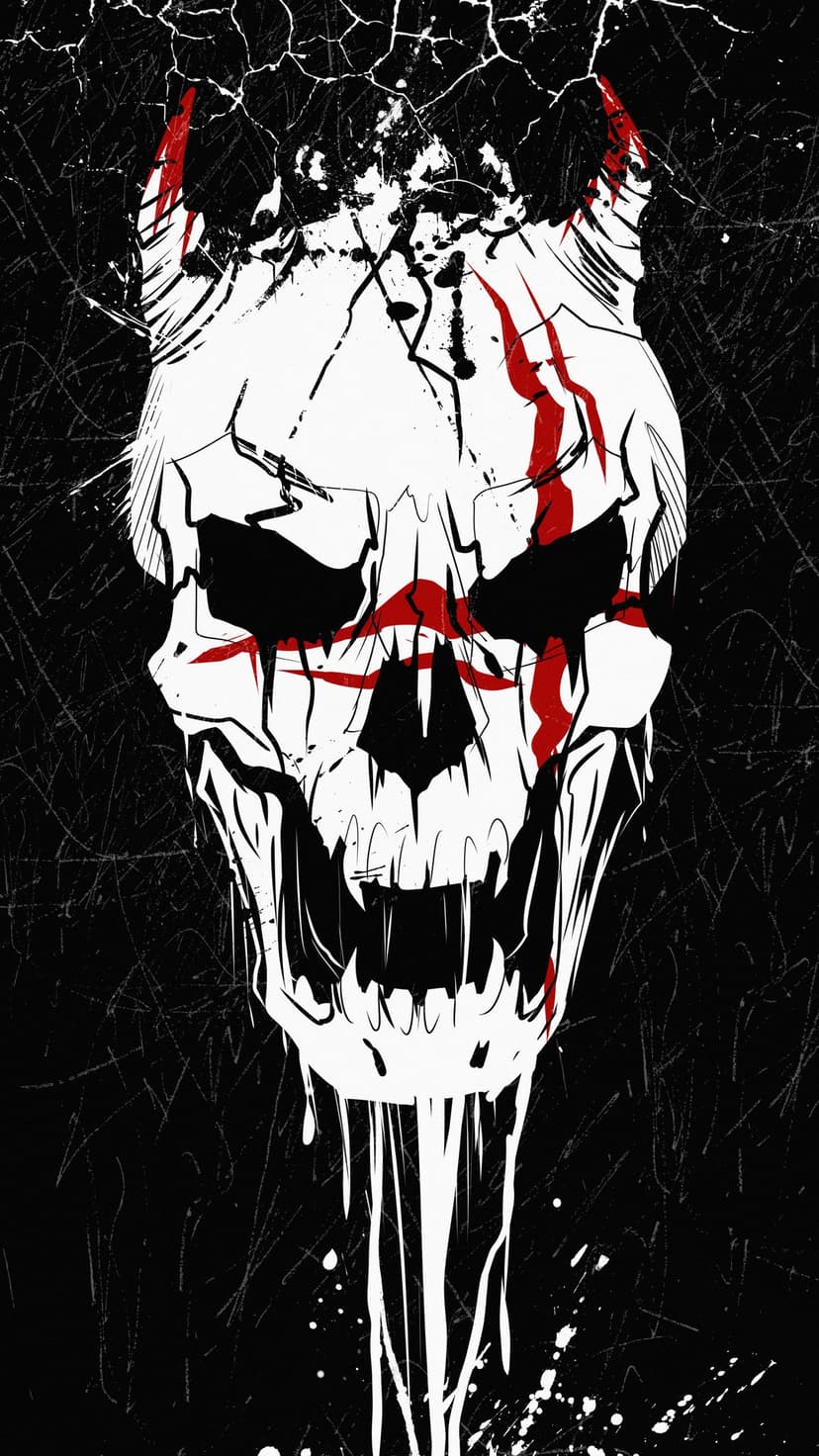 White horned skull with red facial scars and deep cracks set against a dark, gritty, and distressed background.