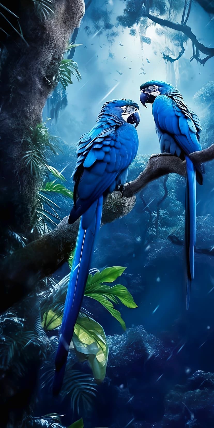 Two blue macaws with sapphire feathers sit on a wet branch amid thick green foliage and falling rain in the mist.