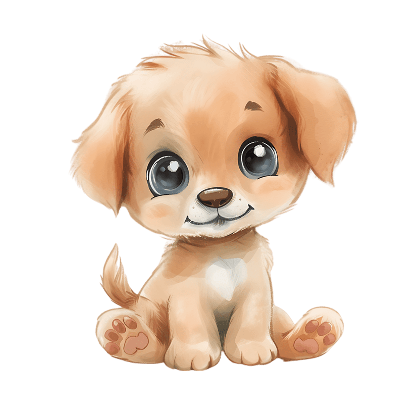 Brown puppy illustration with large blue eyes and pink nose sitting down in a soft watercolor digital art style.