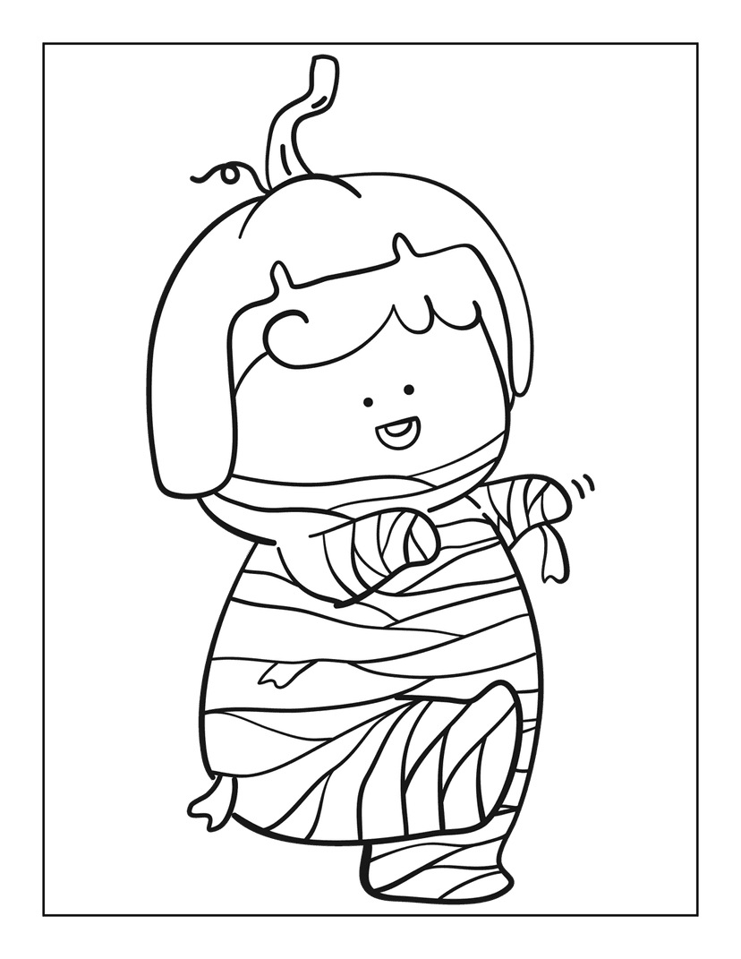 Mummy pumpkin coloring page featuring black line art outlines of a bandage wrapped vegetable on white background.