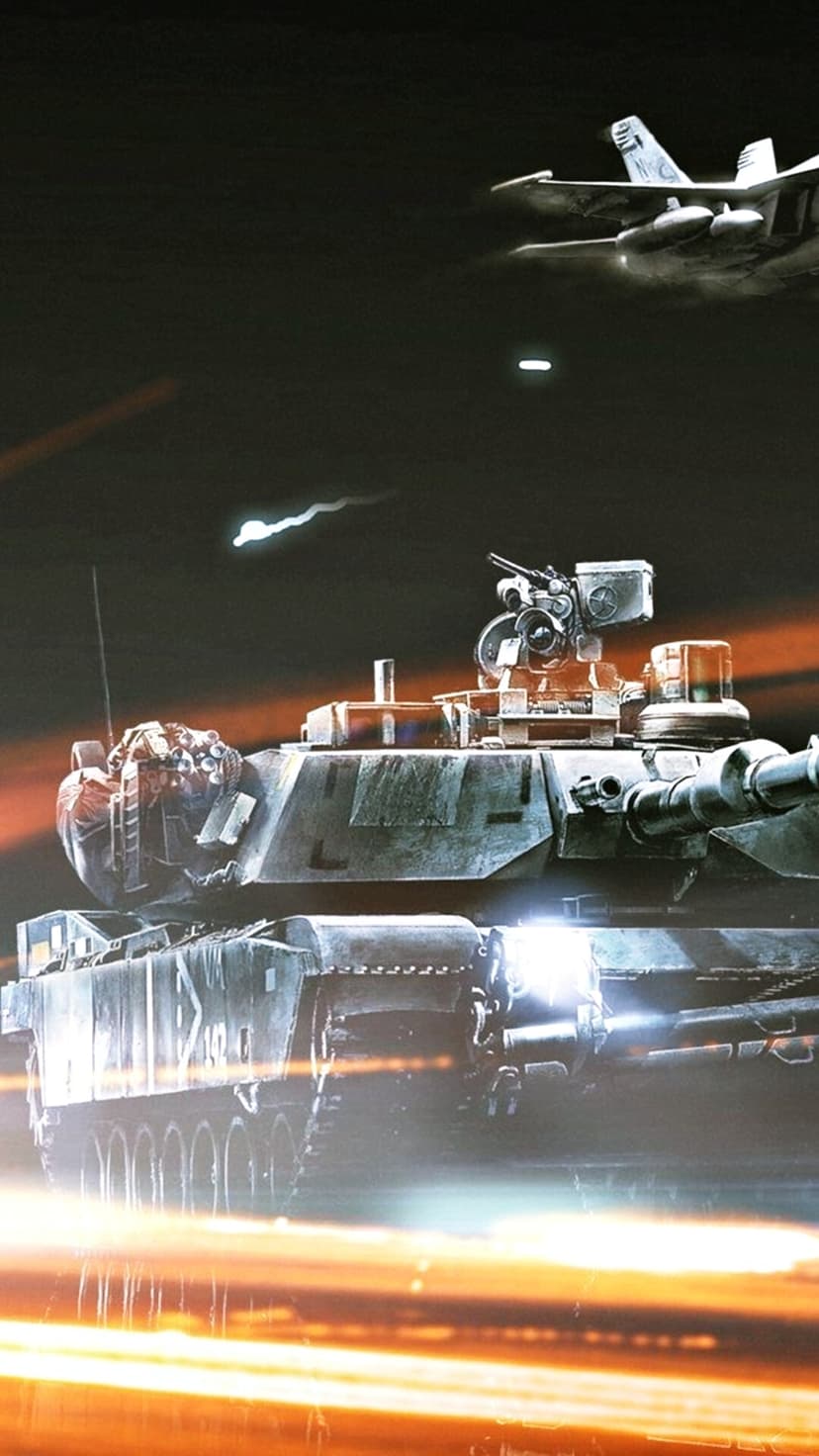 M1 Abrams tank in a dark combat scene with fighter jets and glowing orange light streaks.