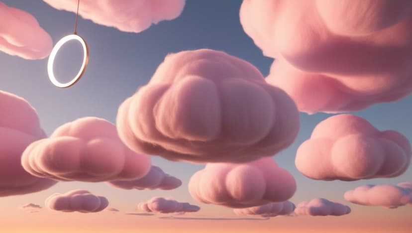 Luminous ring light floating amidst voluminous pink clouds against a soft pastel gradient sky in a vertical view.