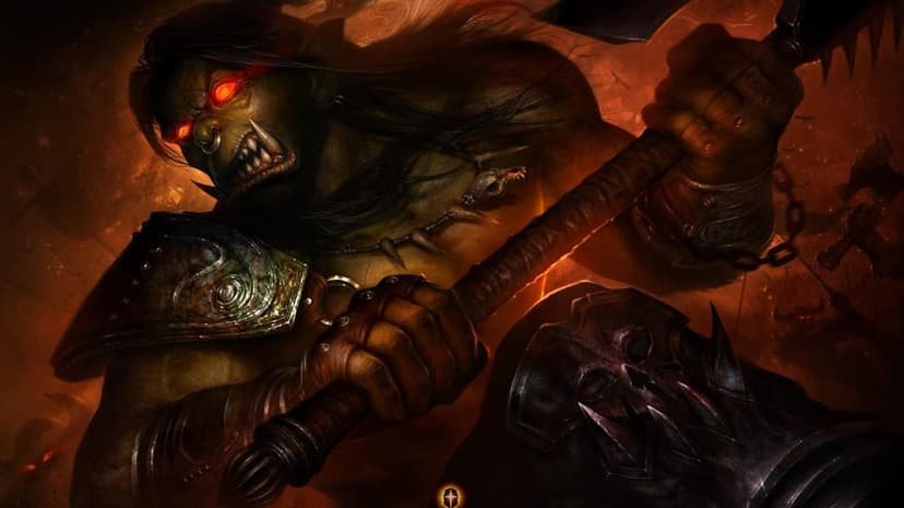 Fierce orc warrior with glowing red eyes holding a large metal axe in a dark fiery battlefield setting.