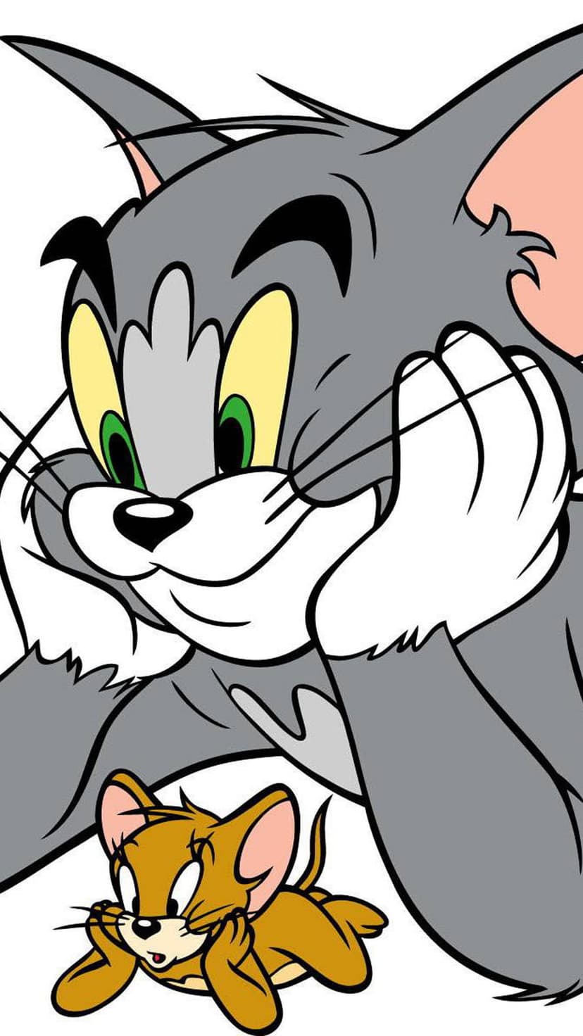 Tom the cat rests his chin on his paws above a lounging Jerry the mouse in a classic 2D animation style.