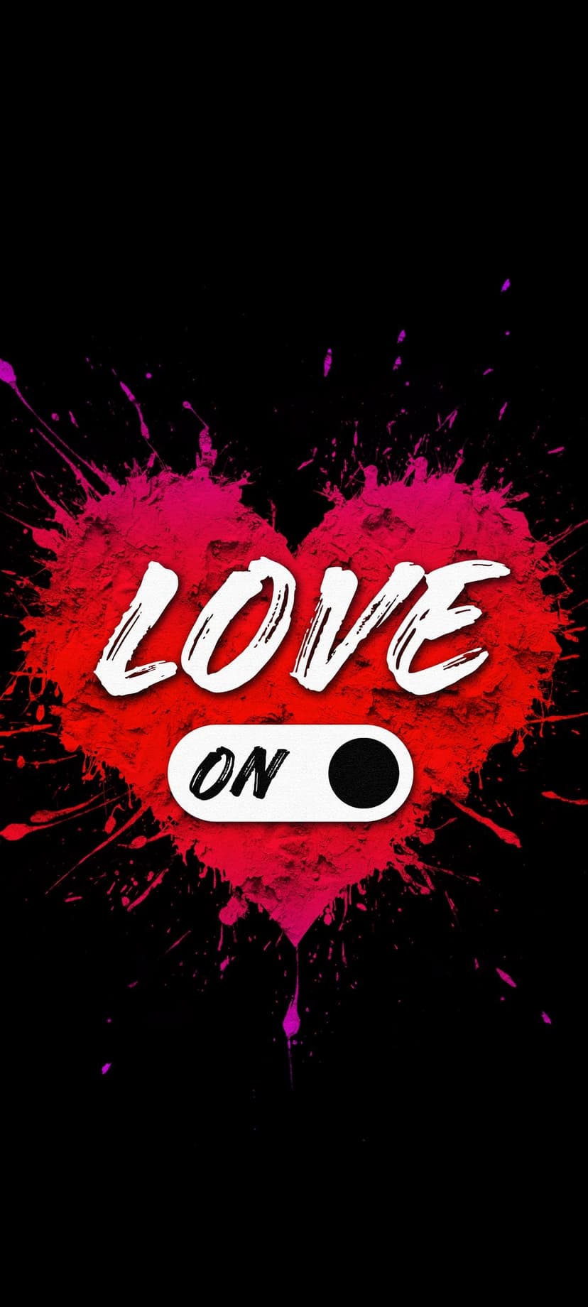 Red heart paint splatter with white love lettering and a glowing active toggle switch on a black background.