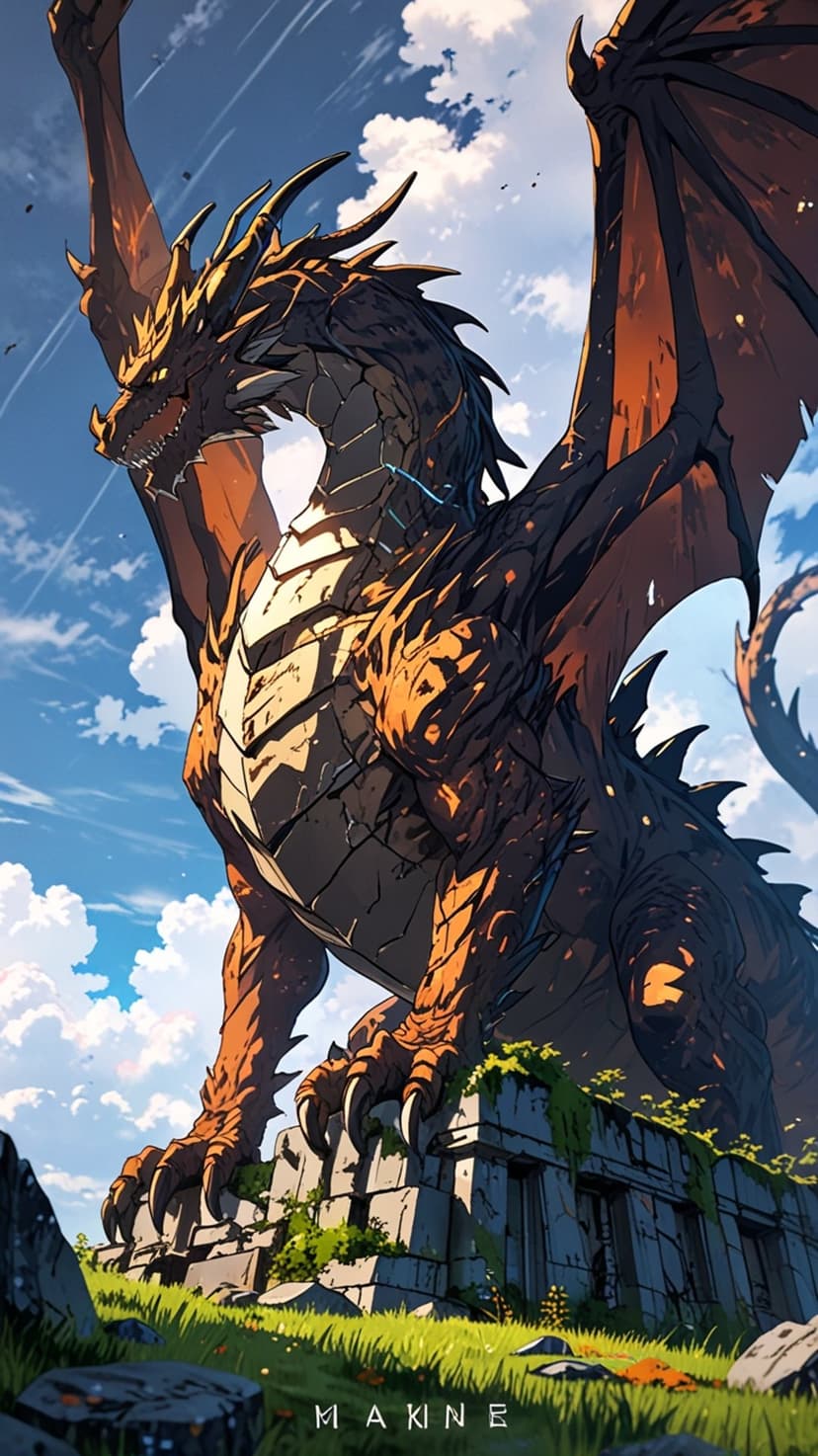 Fire-winged dragon stands on crumbling stone ruins beneath a bright blue sky with soft white clouds.