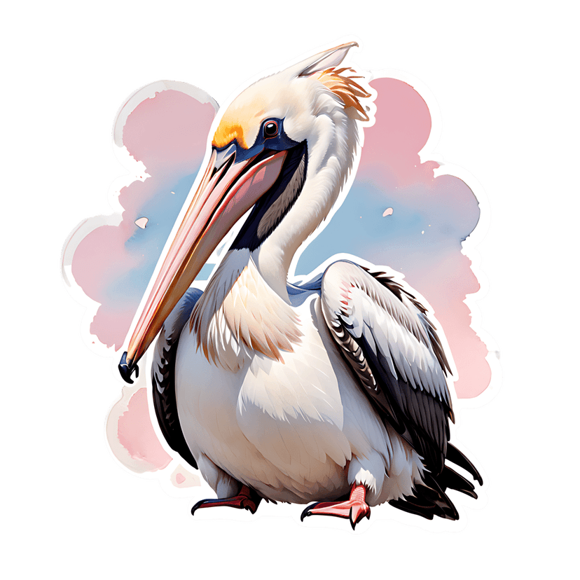 White pelican vector sticker in profile view features a yellow beak and orange feet against pink clouds.