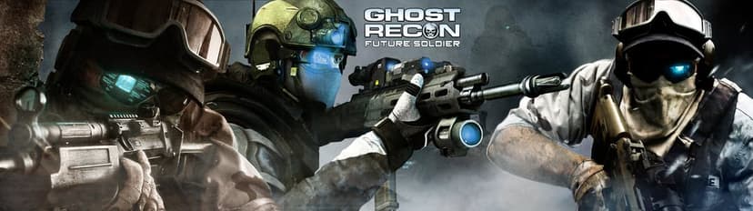 Three tactical soldiers with glowing blue HUD goggles and high-tech rifles in a gritty military landscape.