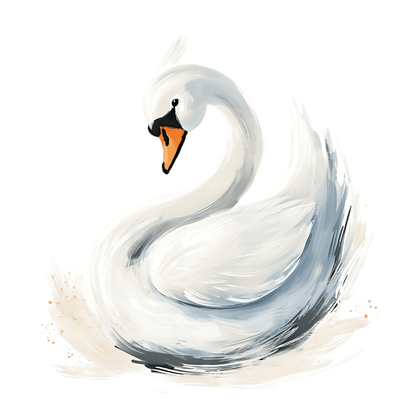 White swan watercolor painting with a curved neck and detailed feathers isolated against a solid black background.