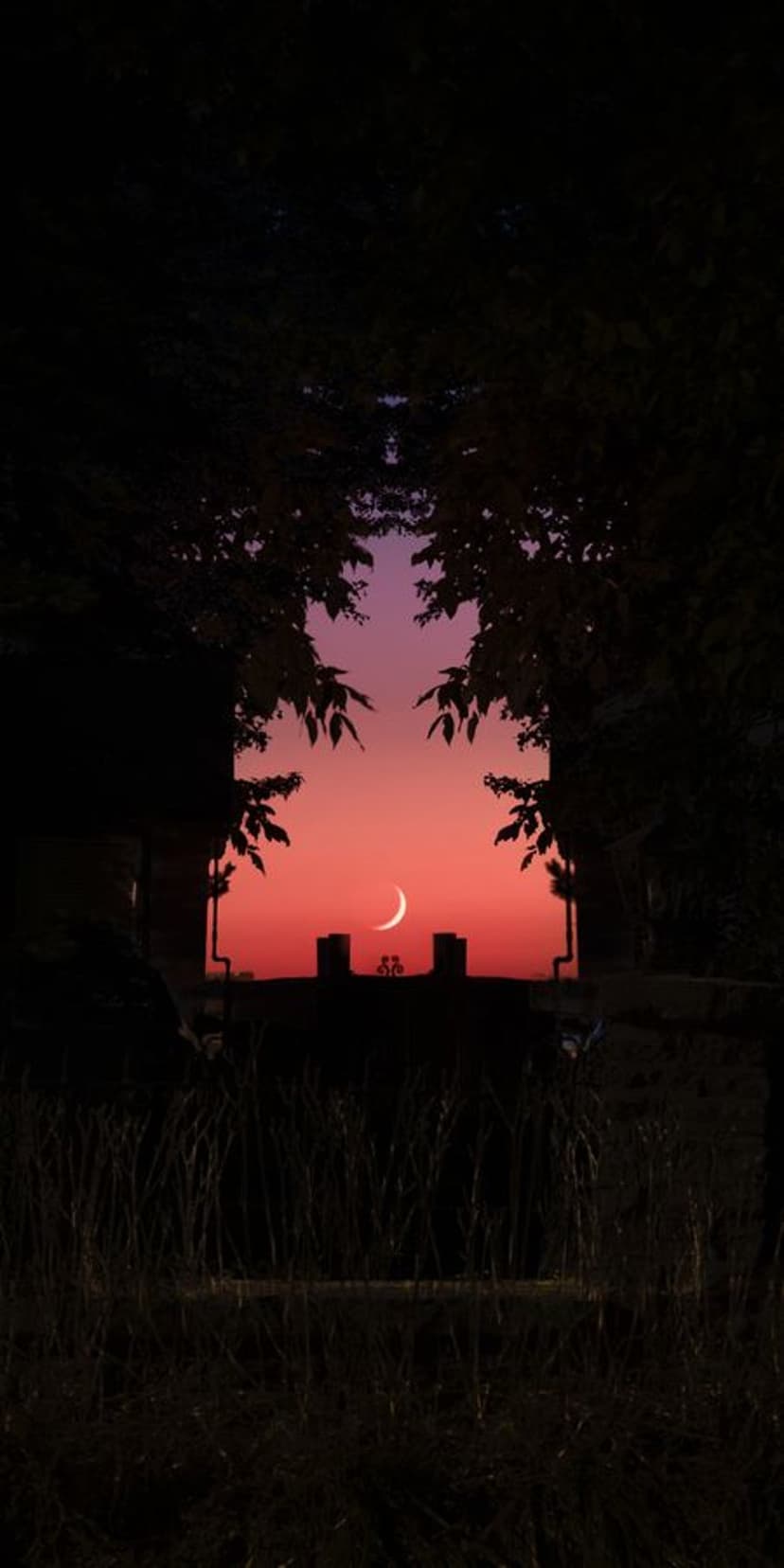 Slender crescent moon rests in a vibrant red and purple sky framed by dark silhouettes of leaves and branches.