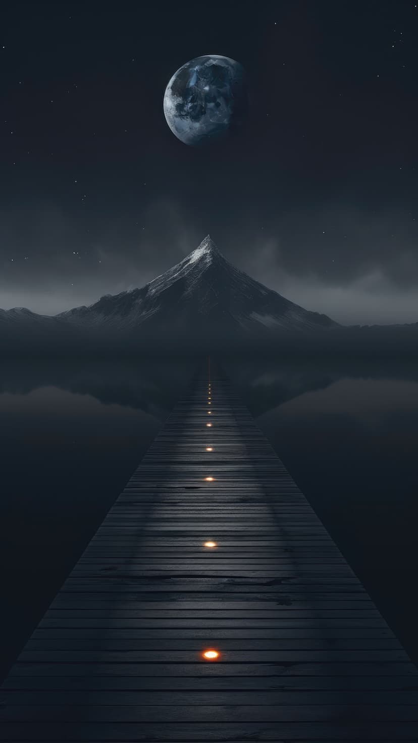 Illuminated wooden pier extending across calm water toward snow-capped mountains under a bright crescent moon.