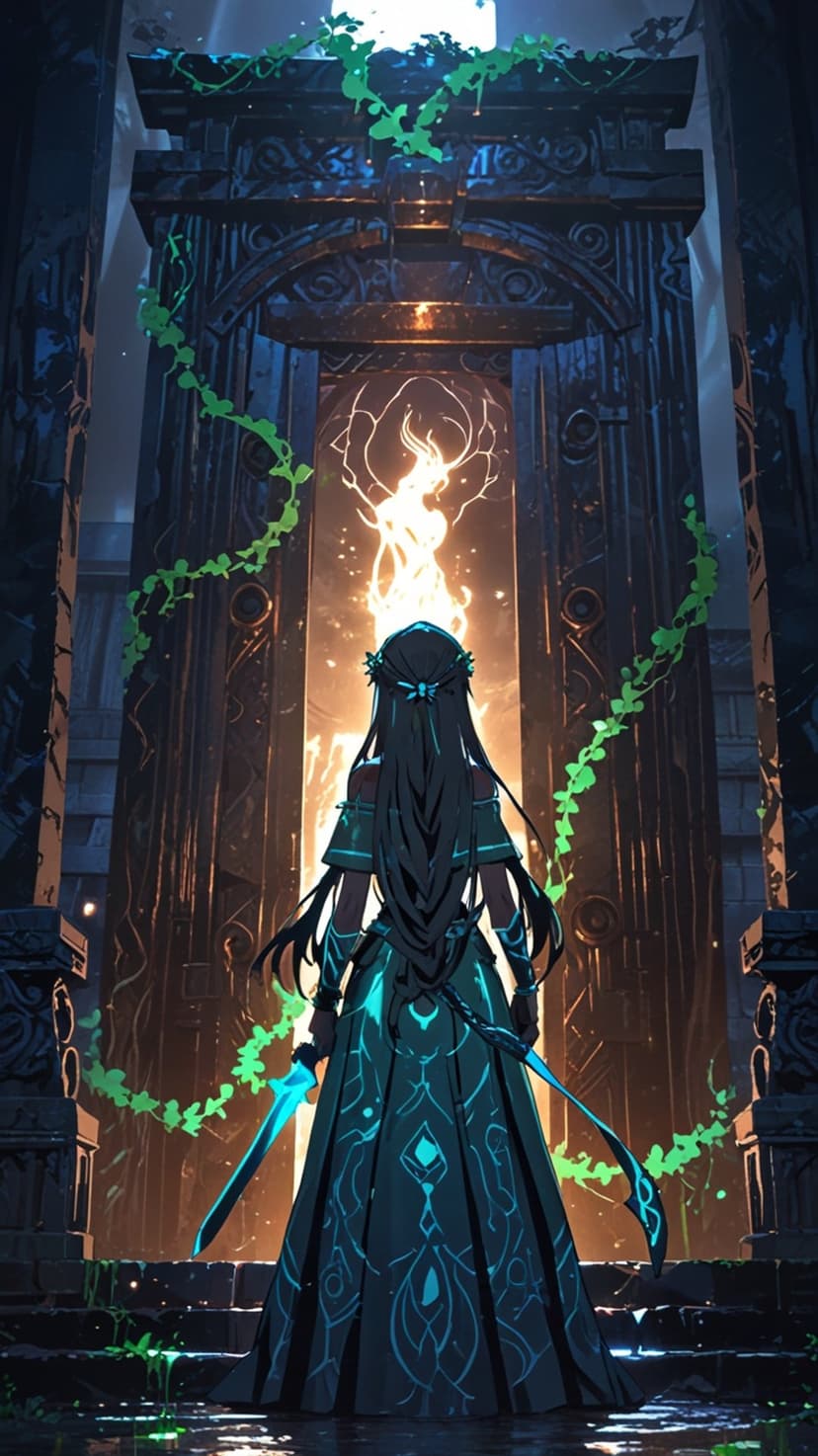Hooded woman holding glowing swords before a massive stone archway containing a swirling orange fire portal.