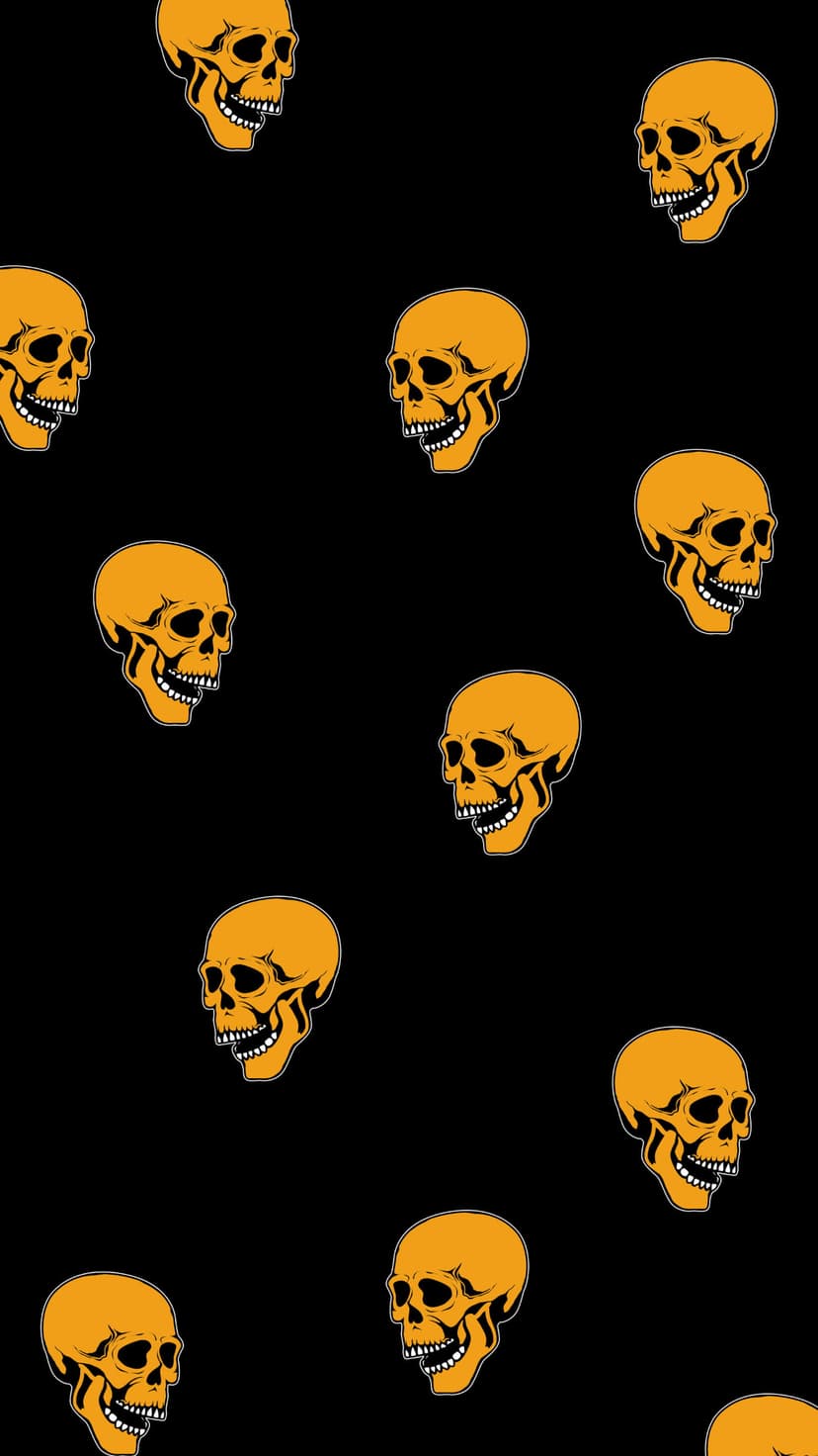 Vibrant orange skulls with black outlines and teeth repeat in a seamless pattern against a dark background.
