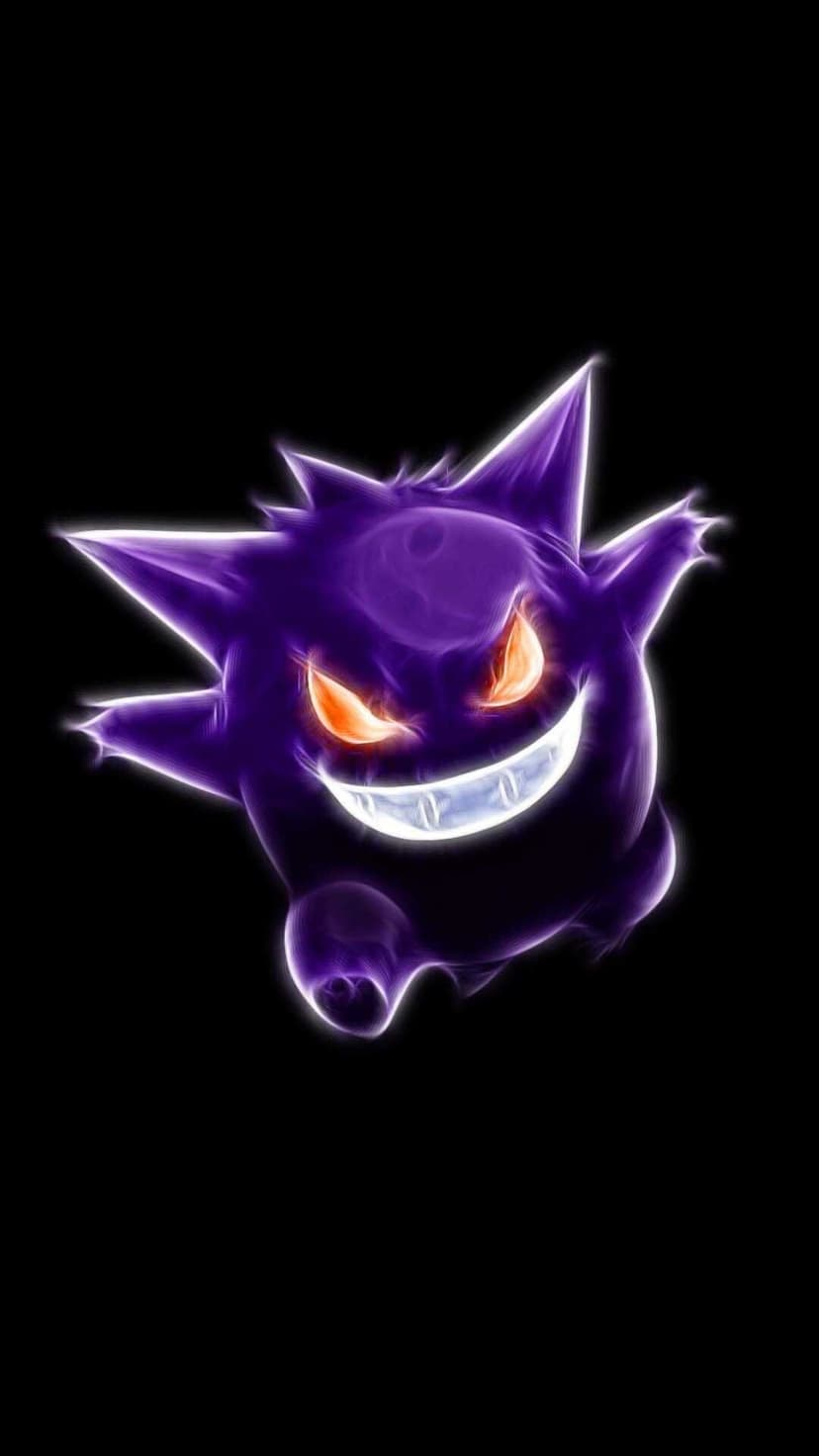 Glowing purple Gengar with fiery orange eyes and a wide white grin against a solid black background.