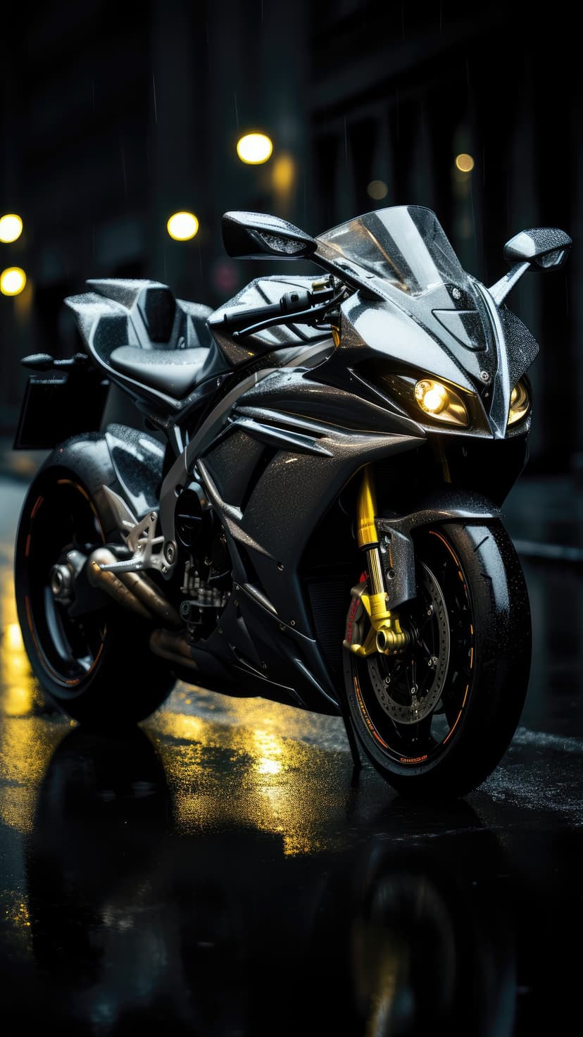 Matte black sportbike parked on rain-slicked city pavement with golden streetlamp reflections at night.