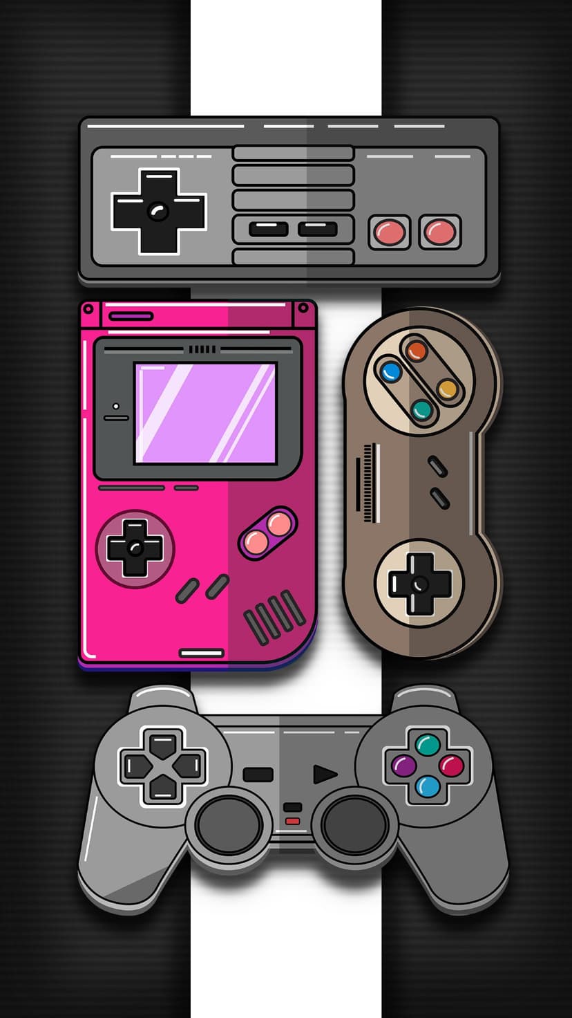 Classic game controllers and a grey handheld console feature colorful buttons and directional pads in a group.