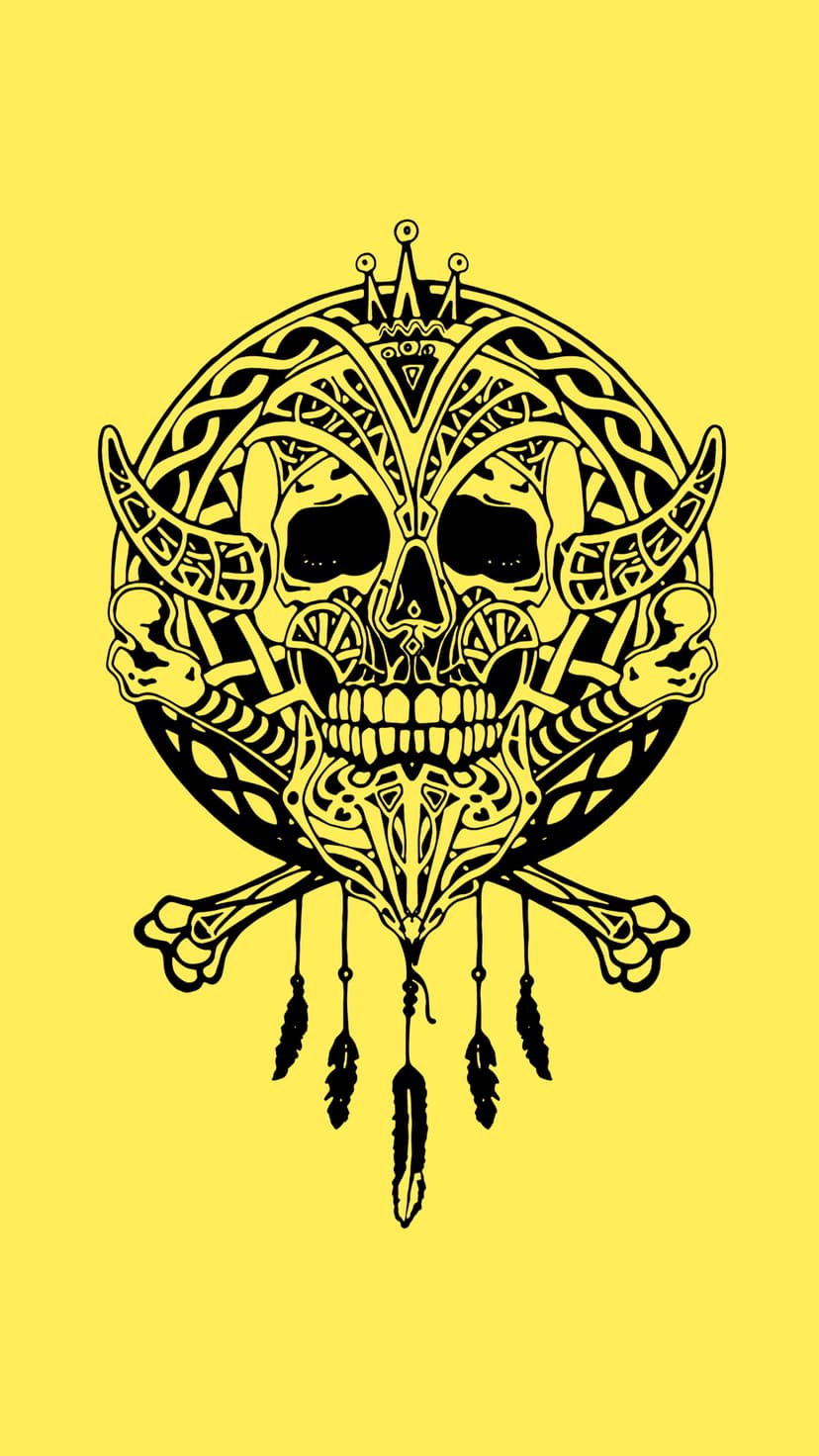 Black tribal skull with bone crown and feathers centered on a bright yellow background for phone wallpaper use.