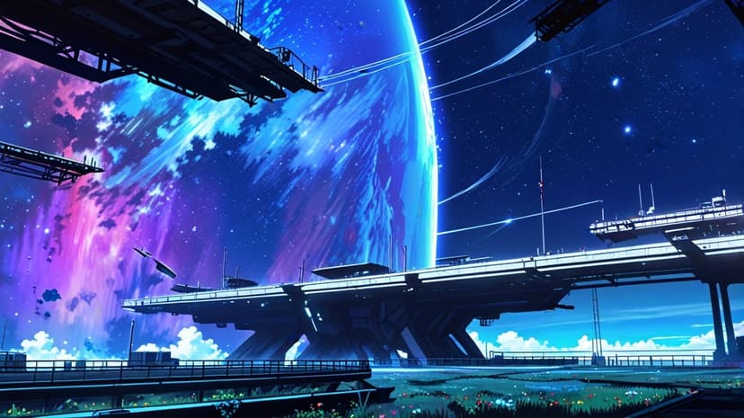 Modular space station overlooks a massive purple ringed planet with swirling clouds and lush green foreground plants.