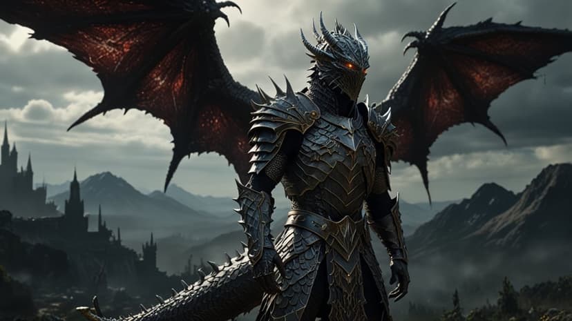 Winged warrior in dark plate armor with glowing red eyes stands against a backdrop of castles and mountains.