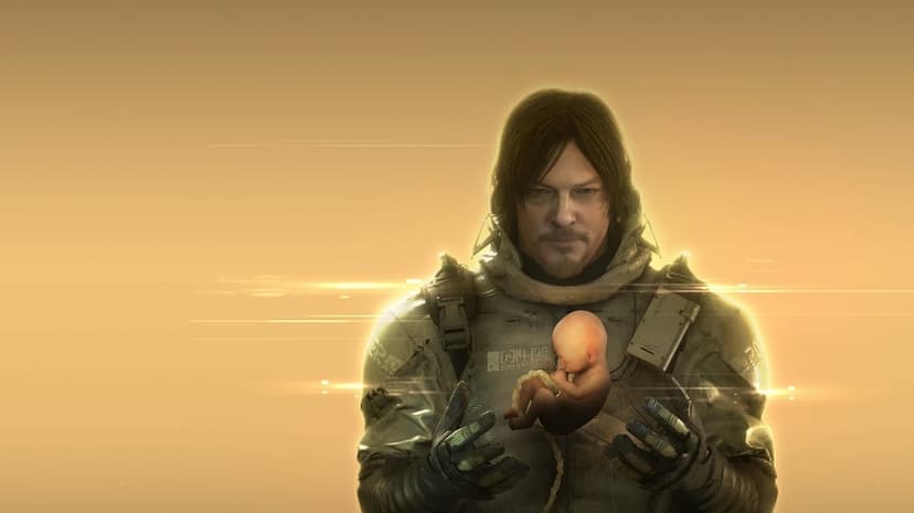 Sam Porter Bridges holds a glowing Bridge Baby fetus against a warm amber background with light streaks.