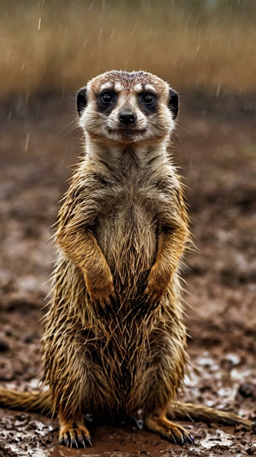 Suricate stands in a sentinel pose on wet mud during rainfall with its dark eyes focused and paws held close.