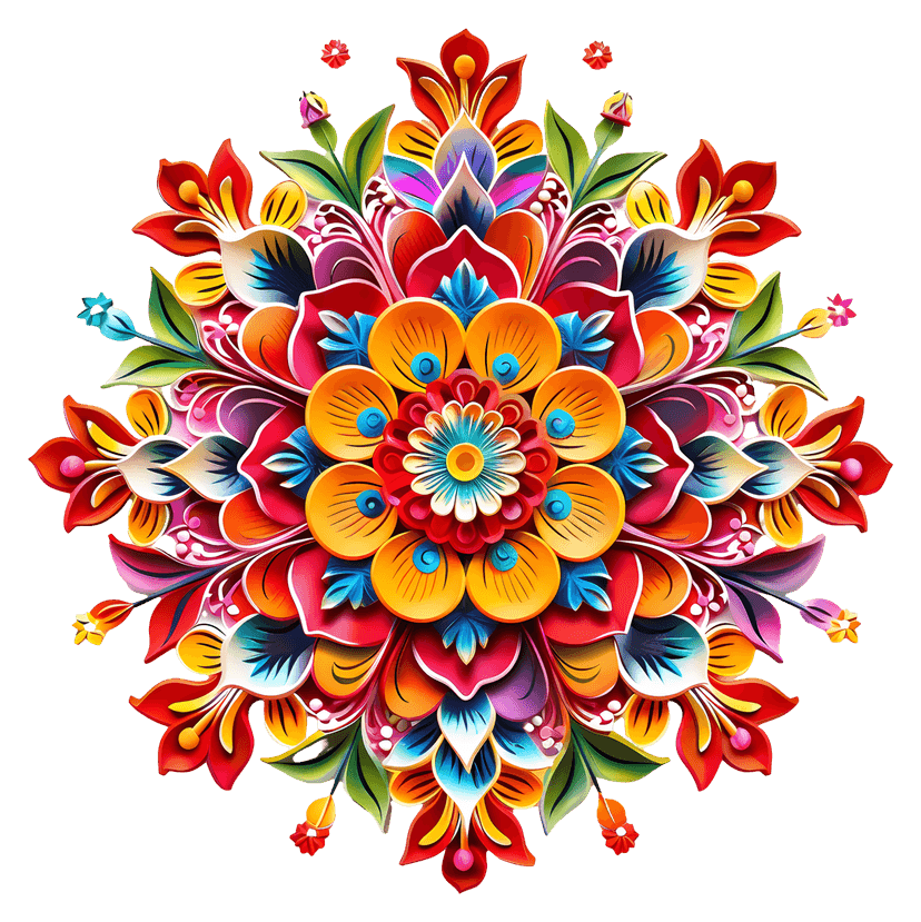 Vibrant floral mandala featuring colorful layered petals arranged in a symmetrical radial geometric pattern.