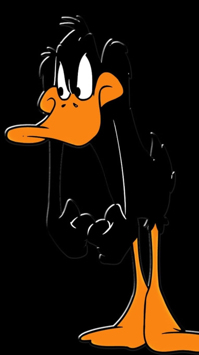 Daffy Duck with a worried face and wide eyes clasps his wings against a solid black background portrait.