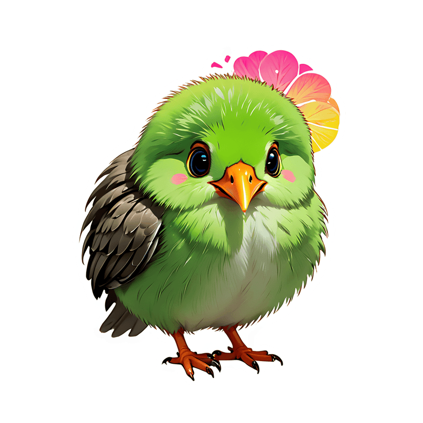Green baby bird digital clipart with fluffy feathers, a yellow floral crown, and glossy black eyes on white.