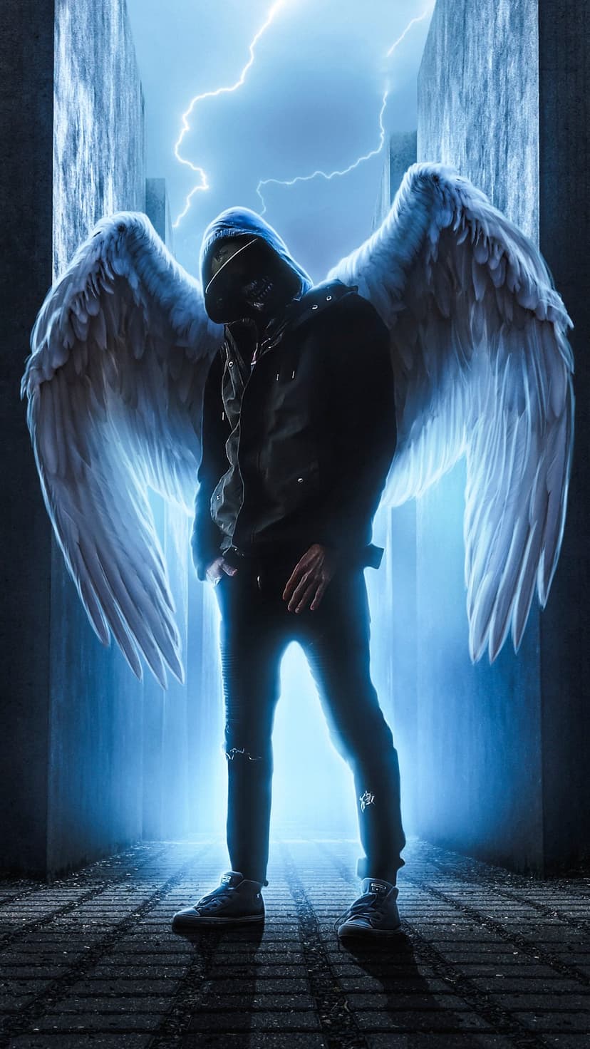 Masked figure with large white wings standing in a dark alleyway illuminated by electric blue lightning bolts.