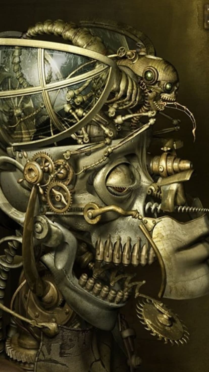 Mechanical skull with intricate golden gears and silver pistons showcasing detailed industrial clockwork textures.