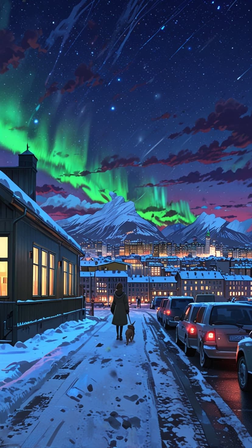 A person walks their dog on a snow-covered street under a vivid green aurora borealis and starry night sky.