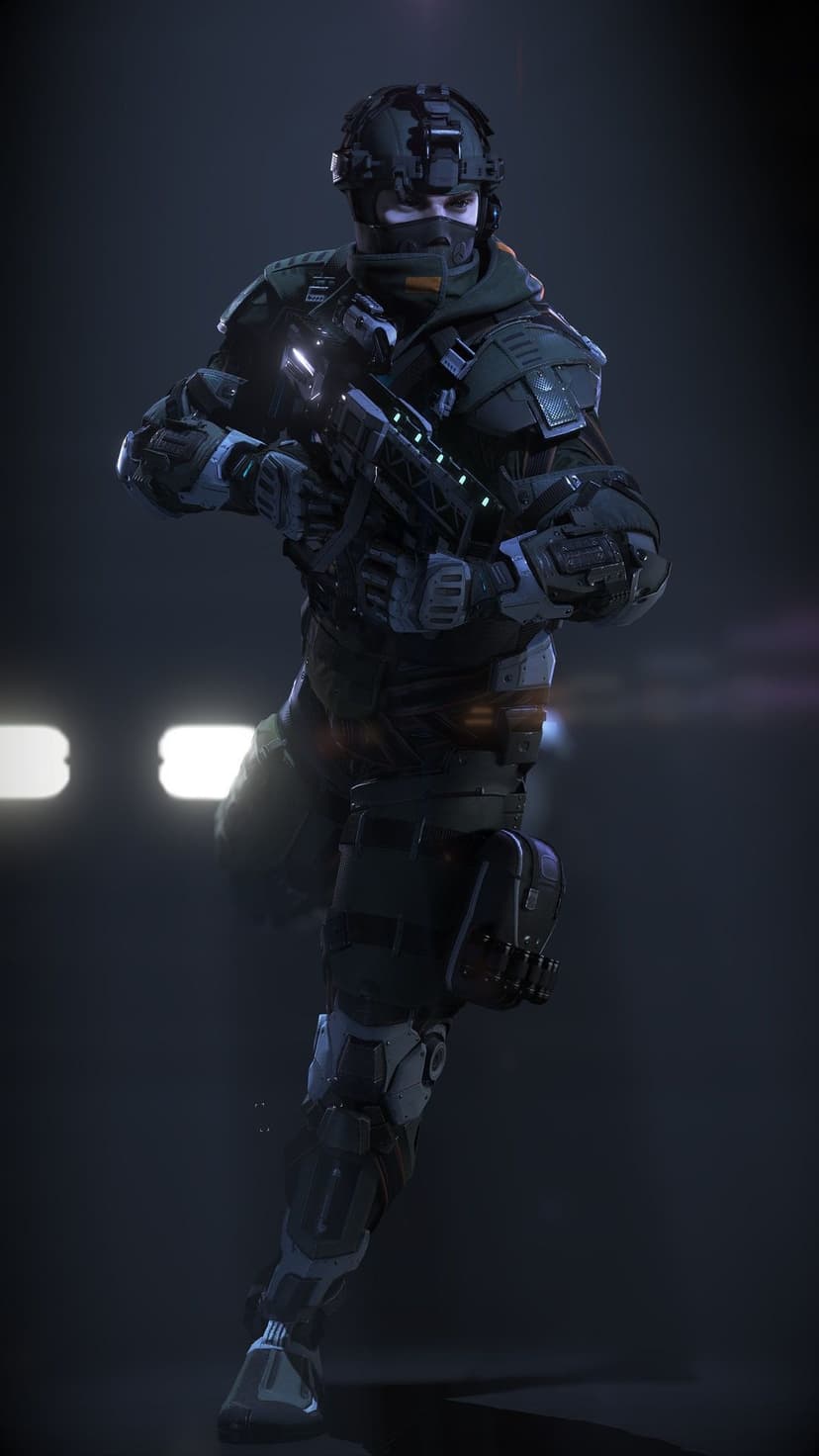 Futuristic soldier in dark tactical armor holding a glowing rifle against a dark, atmospheric background.