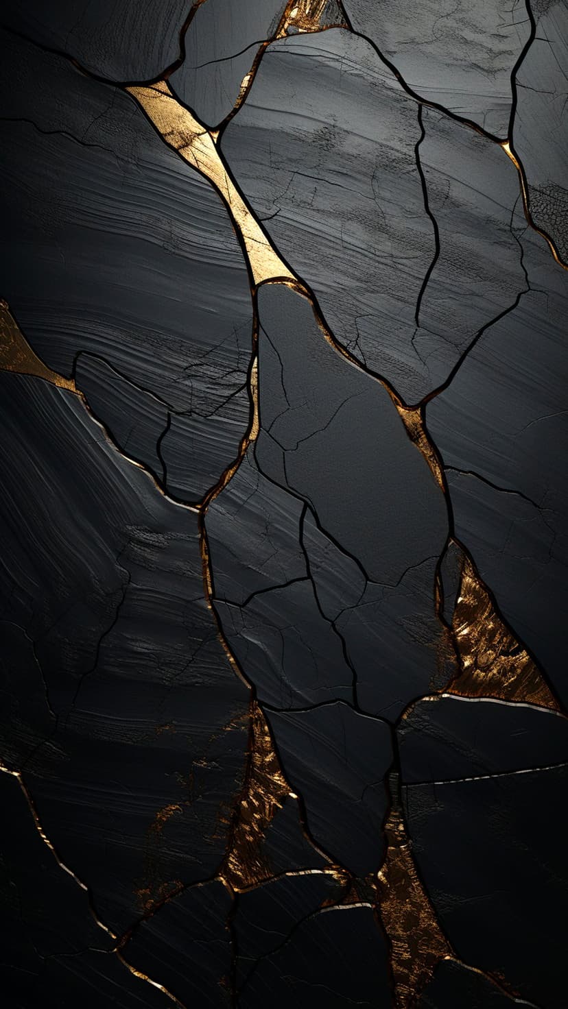 Gold veins interweave across a textured black obsidian background with fine cracks and metallic highlights.