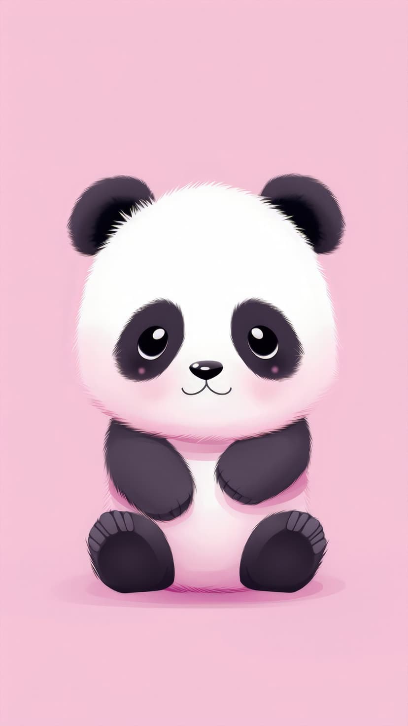 Baby panda with large black eyes and pink cheeks sits peacefully against a solid pastel pink background.