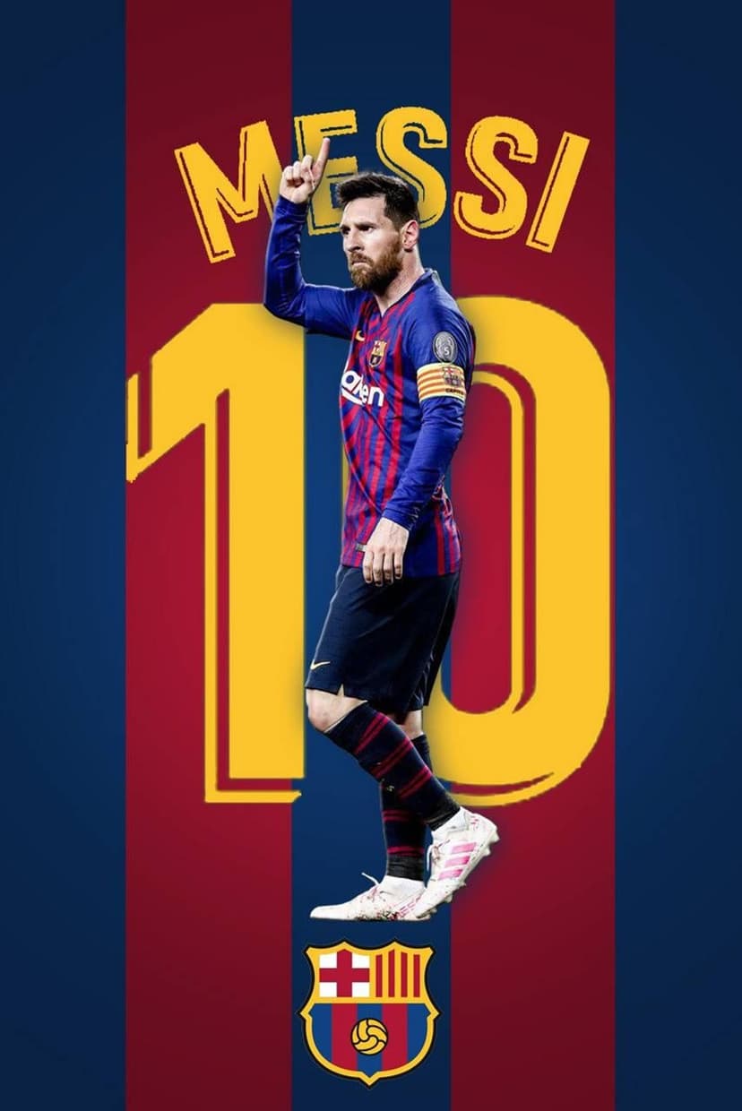 Lionel Messi in a Barcelona jersey points upward against red and blue stripes with golden number ten text.