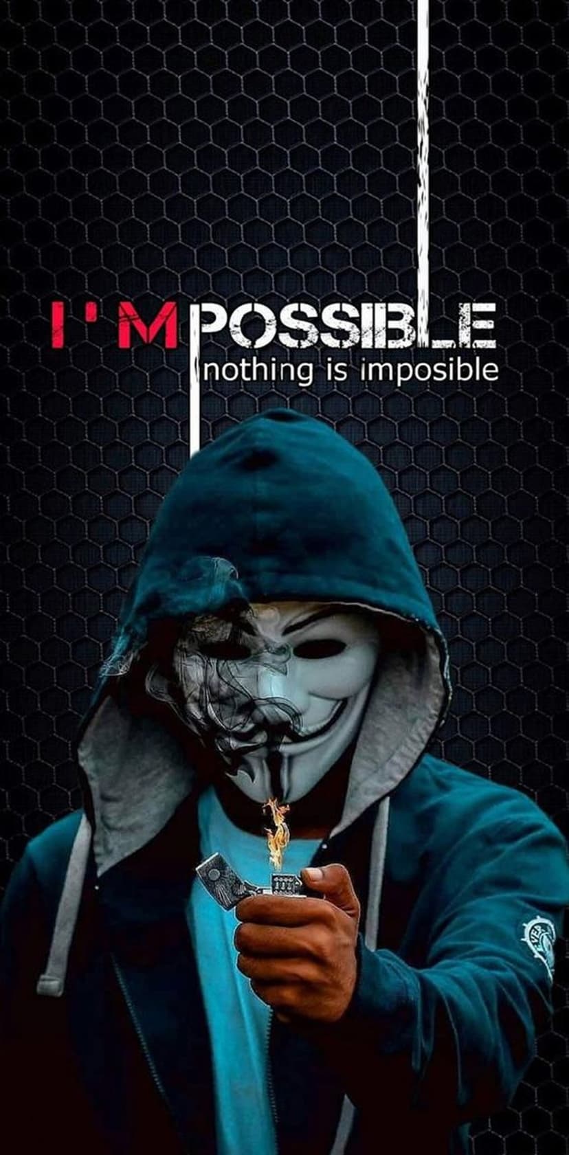 Anonymous masked person in a black hoodie holding a burning lighter against a dark hexagonal pattern with text.