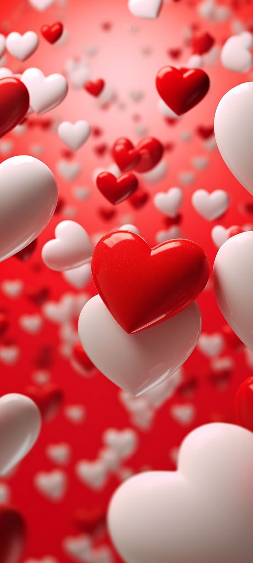 Red and white hearts of varying sizes float in a soft-focus abstract space with a deep crimson color palette.