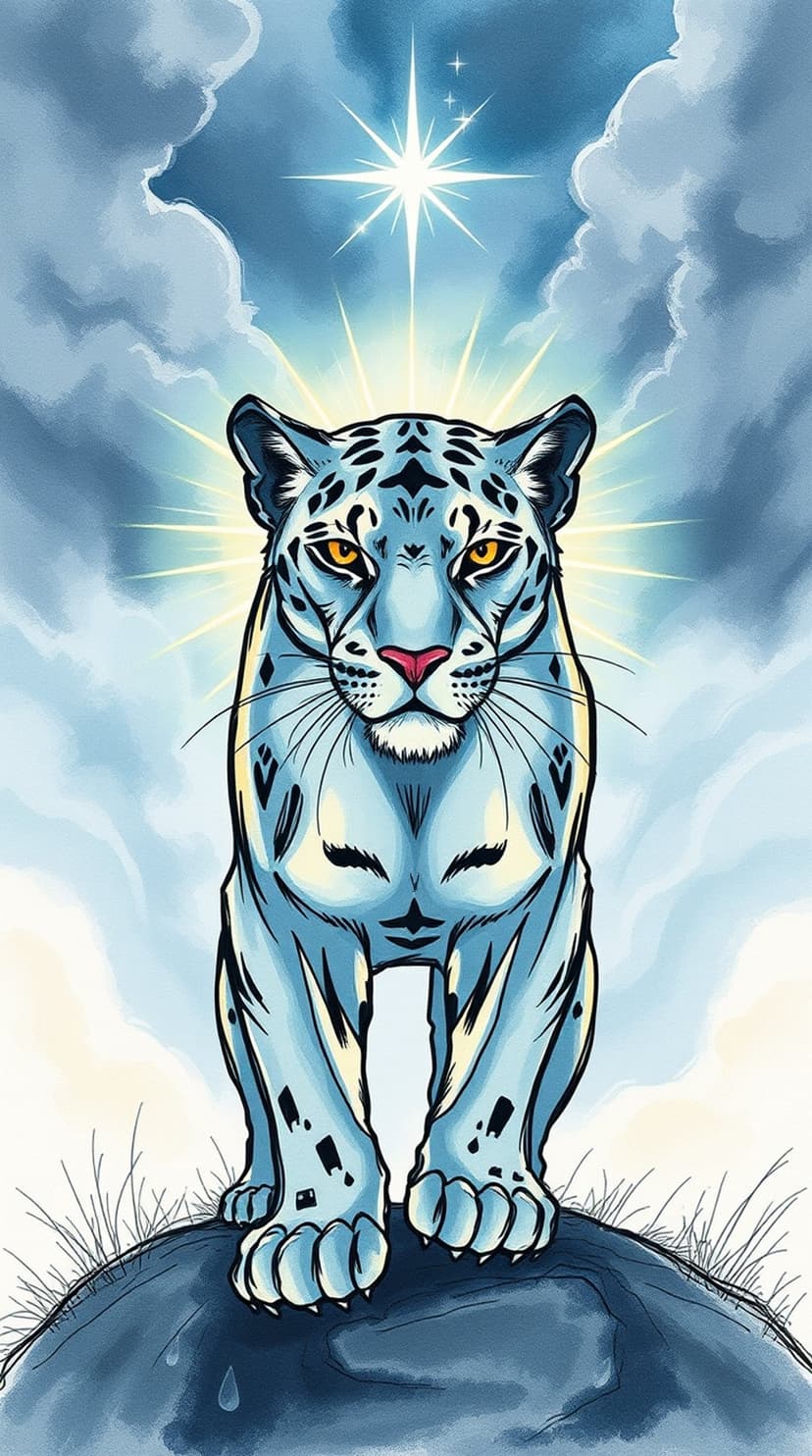Snow leopard with luminous blue fur and amber eyes stands on a rocky ledge beneath a swirling cosmic sky.