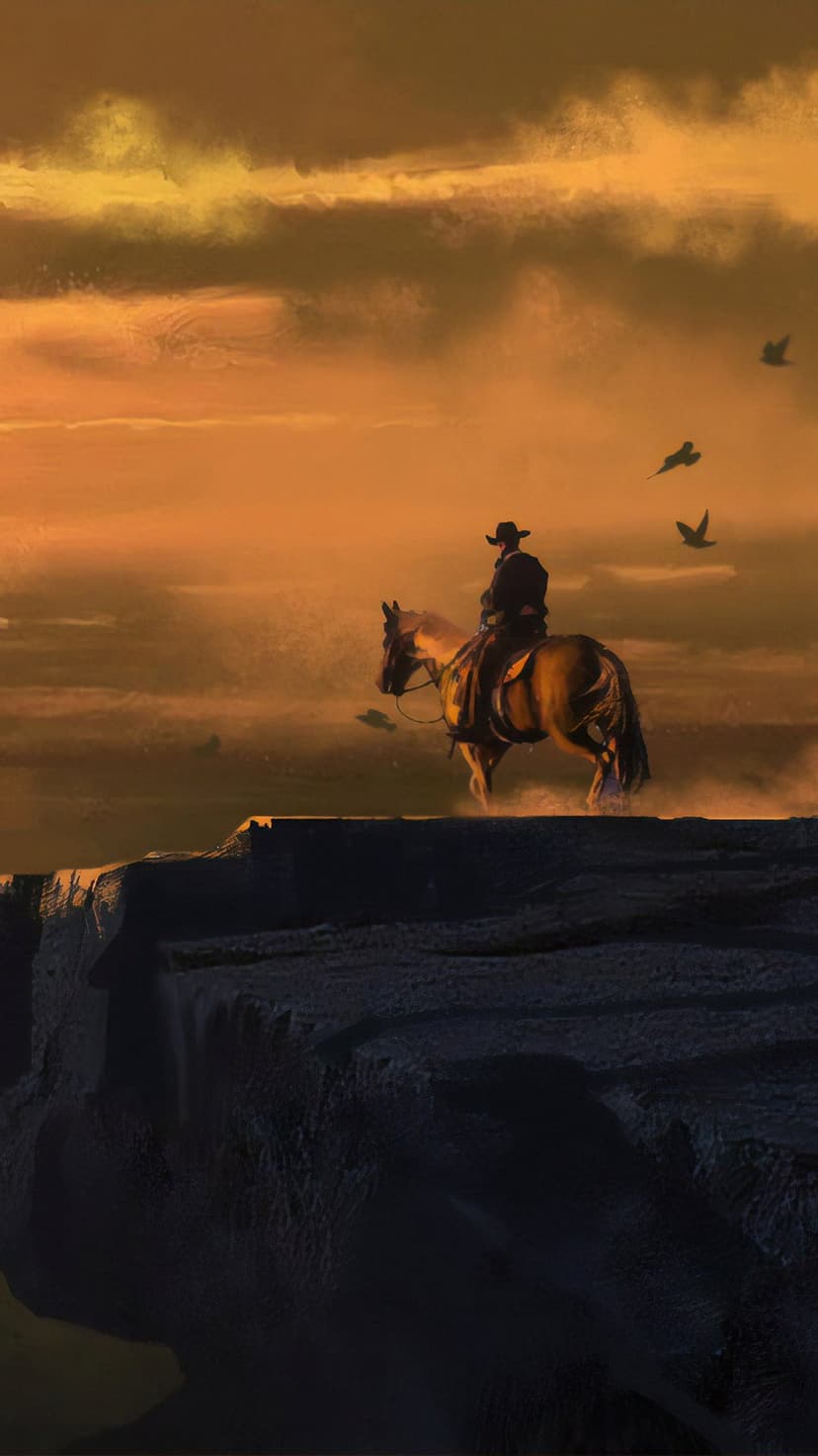 Cowboy on a horse stands on a jagged cliff edge silhouetted against a vibrant orange and yellow sunset sky.