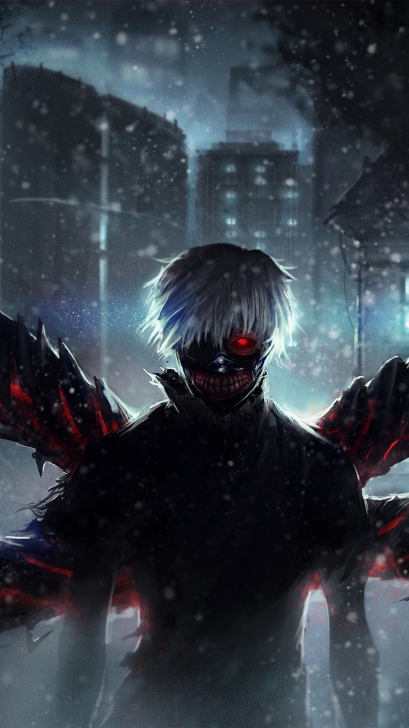 Ken Kaneki with white hair and a red eye wears a ghoul mask as his glowing red kagune erupts in the snow.