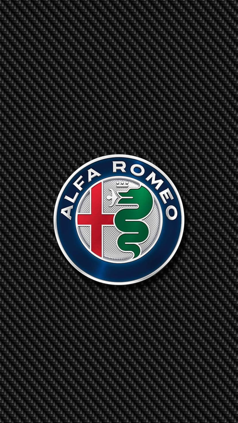 Alfa Romeo emblem featuring a red cross and green serpent centered on a black woven carbon fiber texture backdrop.