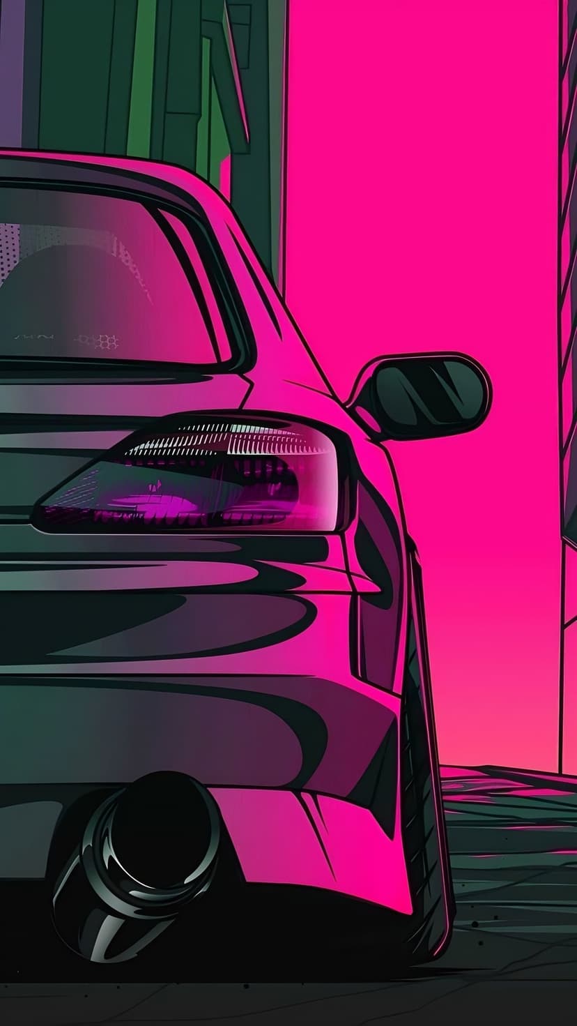 Sports car with glowing pink taillights parked against a neon green and magenta cityscape in a cyberpunk setting.