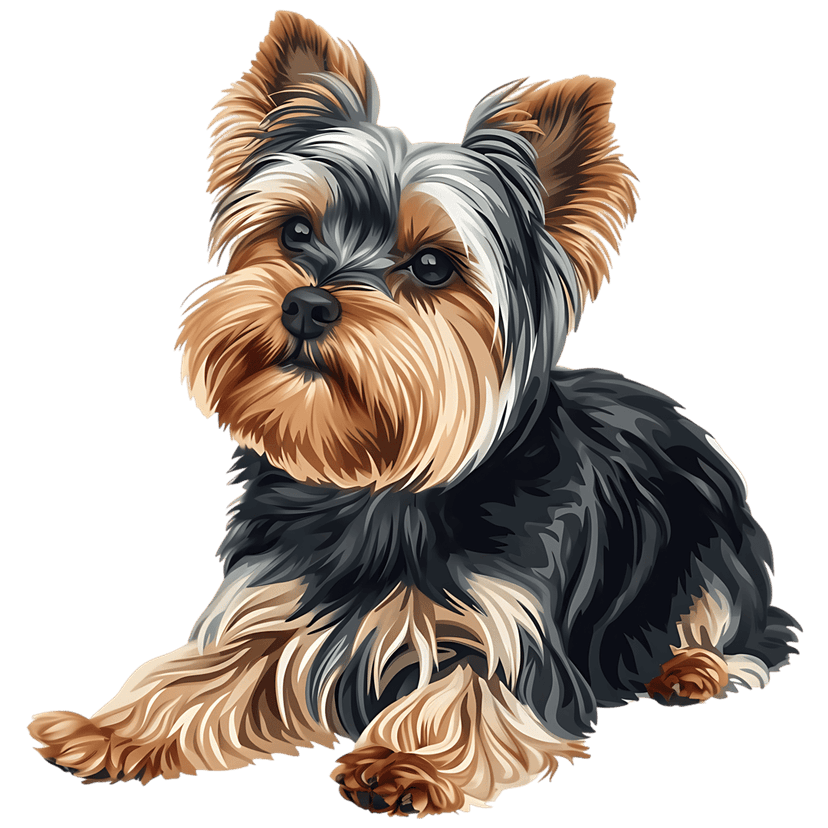 Yorkshire Terrier dog illustration showcasing tan and blue fur textures in a realistic resting portrait pose.