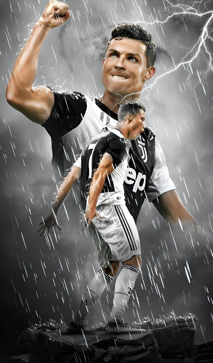 Cristiano Ronaldo in a Juventus jersey stands in pouring rain with lightning striking in the dark background.