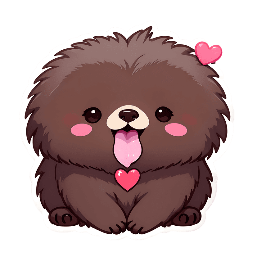 Brown bear sticker with fluffy fur, pink hearts, white outline, and rosy cheeks in a seated front pose.