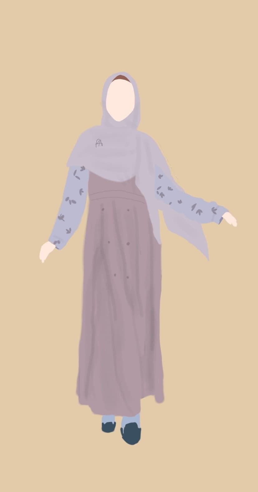 Faceless woman wearing a lavender hijab and purple dress with a light blue coat against a beige background.